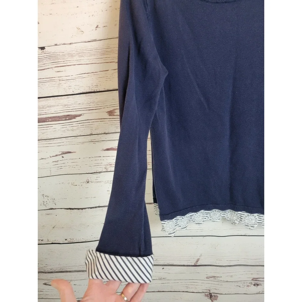 White House Black Market Sweater Lace Hem Striped Cuff Knit Pullover Navy Blue L